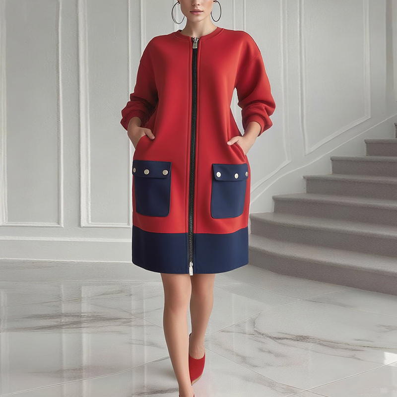 Women'S Red Formal Wear - Modigirl Contrast Color Long Sleeves Dresses