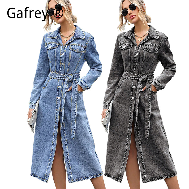Midi Dress - Women Long Sleeve Denim Dress Autumn